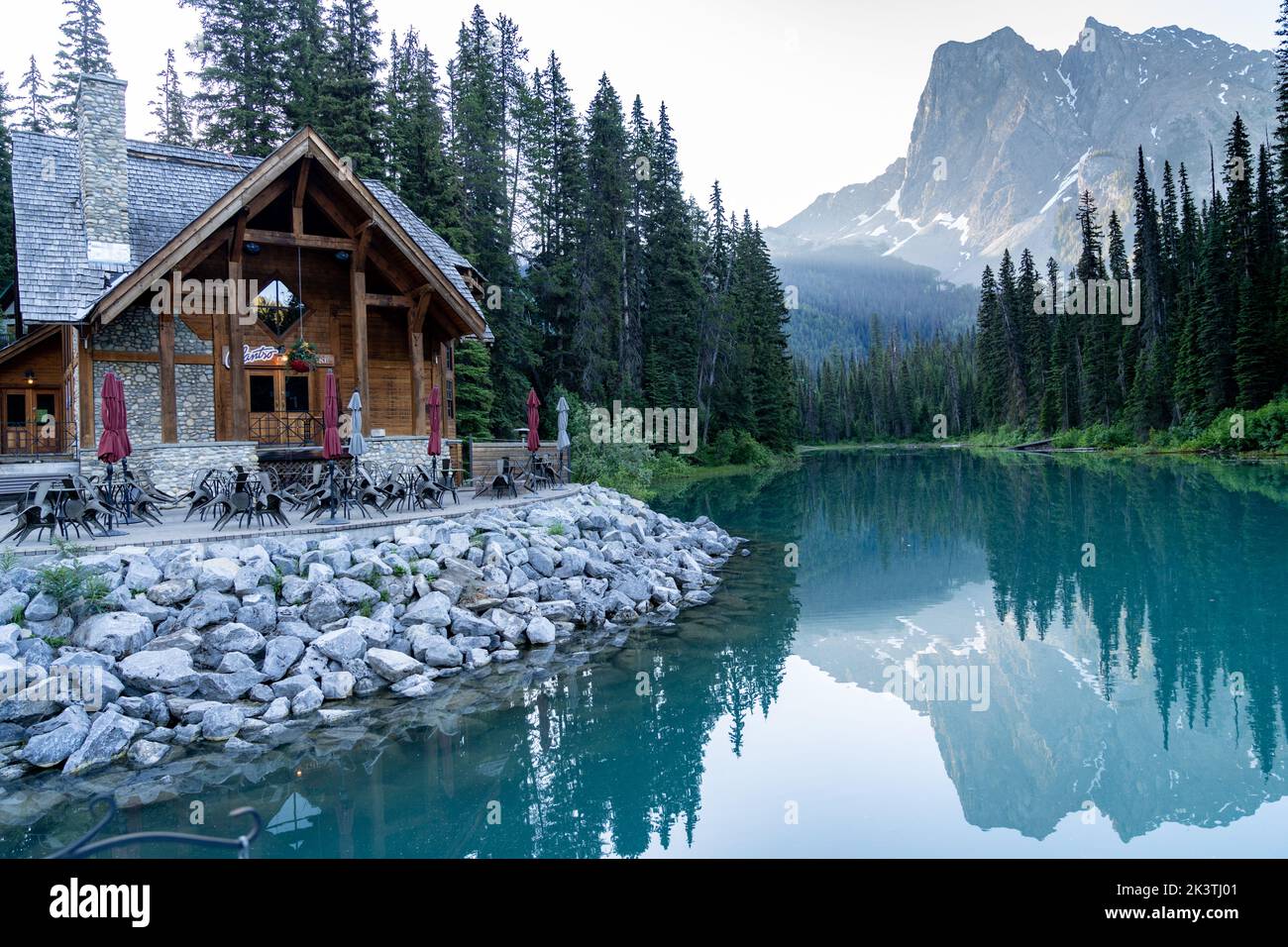 British Columbia, Canada - July 12, 2022: Cafe and restaurant at the Emerald Lake Lodge resort in Yoho National Park Stock Photo