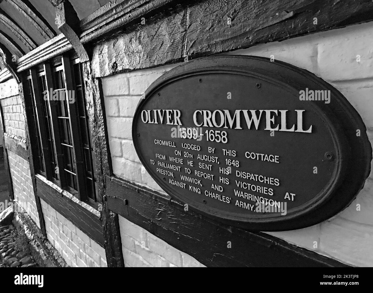 Oliver Cromwell cottage 1599-1658, lodged by this cottage 20th August 1648, following victories at Preston , Winwick & Warrington Stock Photo