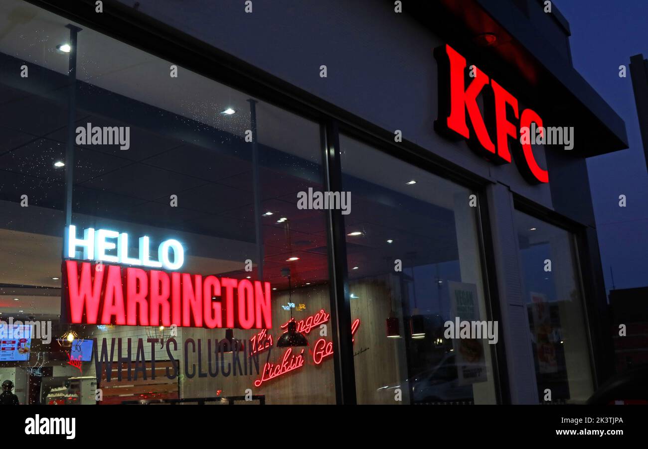 Hello Warrington, KFC , Kentucky Fried Chicken at Latchford, Kingsway South, Latchford, Warrington, Cheshire, England, UK,  WA4 1LT Stock Photo