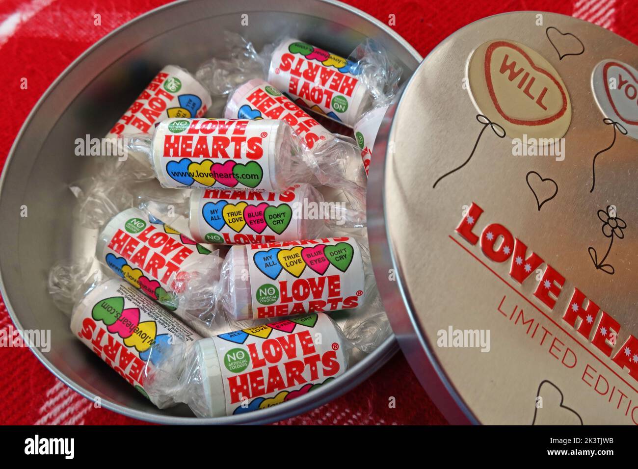 A tin of Love Hearts, limited edition, valentines day romantic confectionary from  Swizzels Matlow in New Mills, Derbyshire, England, UK Stock Photo