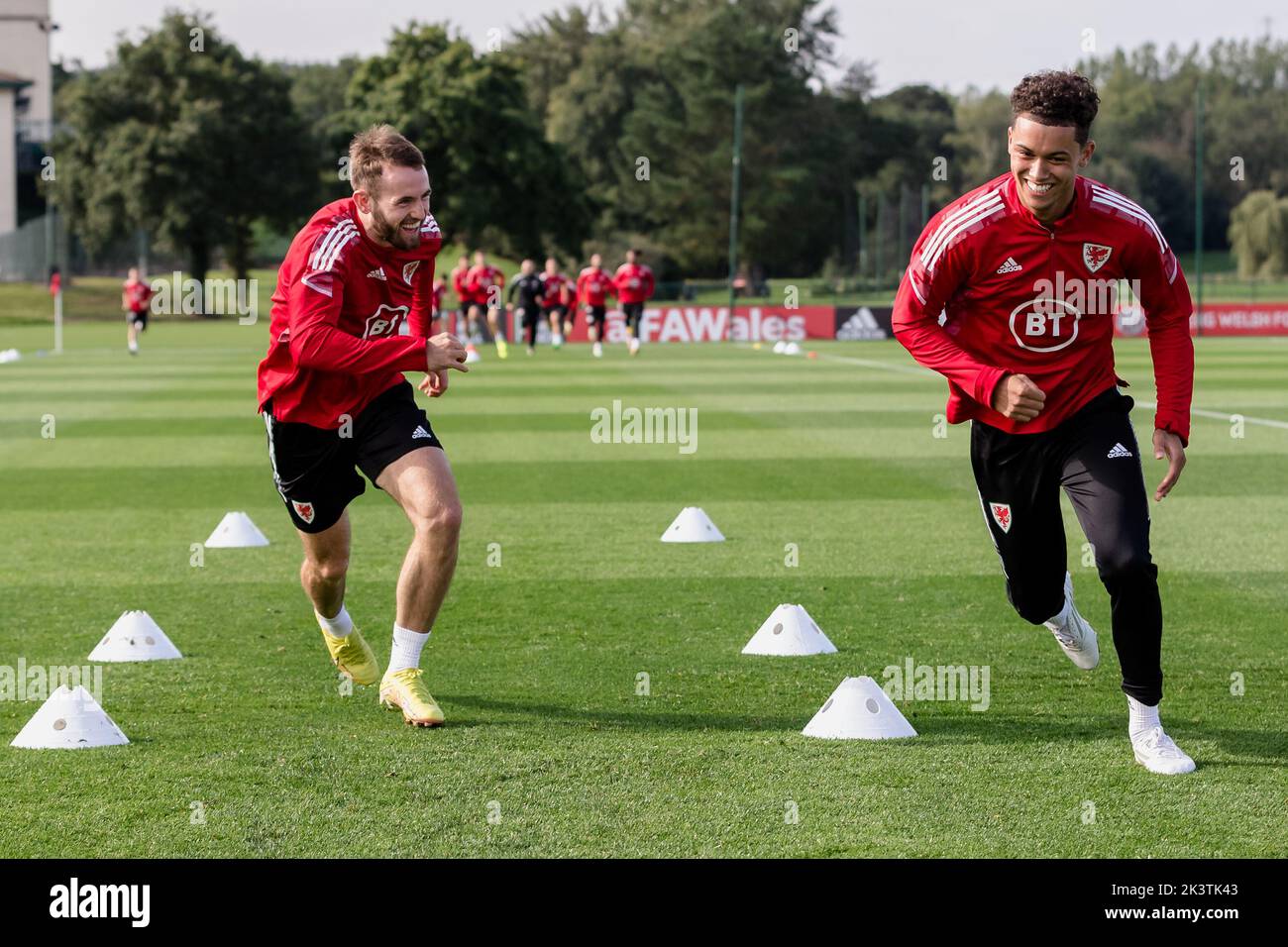 PONTYCLUN, WALES - 20 SEPTEMBER 2022: Wales' Rhys Norrington-Davies and Wales' Brennan Johnson  during a training session at the vale resort ahead of Stock Photo