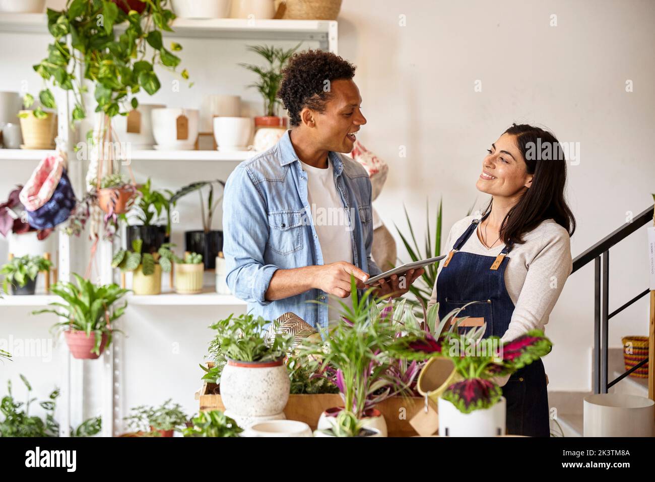 Latin American male gardener discussing over digital tablet with female coworker Stock Photo