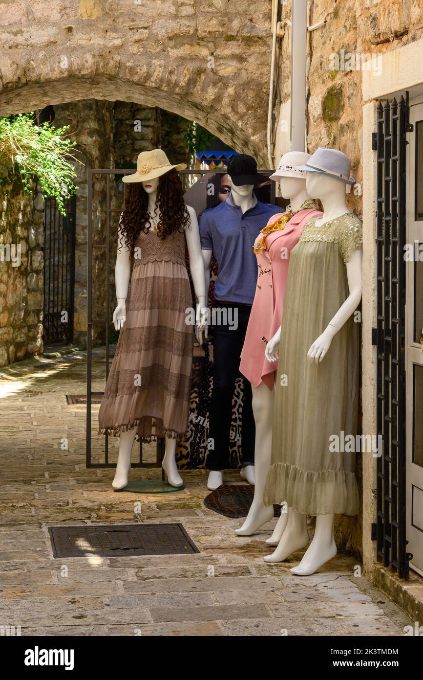 Budva, Montenegro - June 6, 2022: Clothing store in Budva Old Town. Budva city is a famous tourist destination in Montenegro Stock Photo