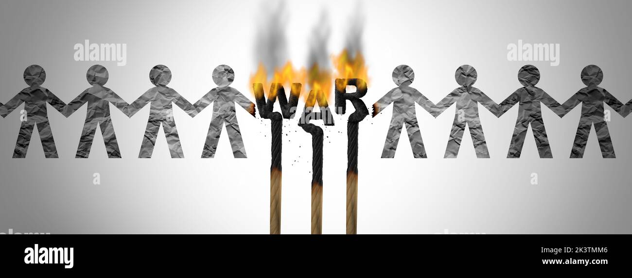 Tragedy of war concept as matches with flames and smoke burning paper cut people as a tragic symbol of the pain of violence and cannon fodder in wars Stock Photo