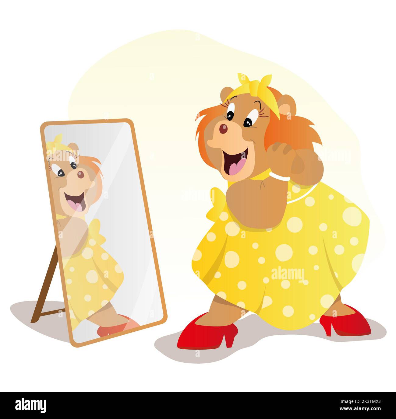 a cute bear from the Gummy Bear cartoon in a yellow dress and red shoes stands in front of a mirror Stock Photo