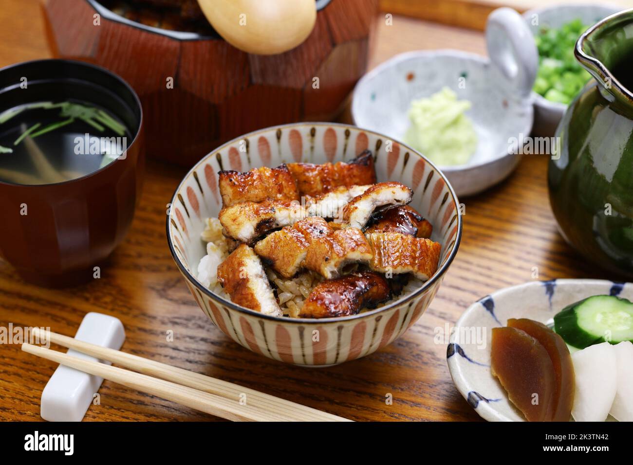 Hitsumabushi is a Japanese Nagoya rice dish decorated with grilled Unagi eel at the top. Stock Photo