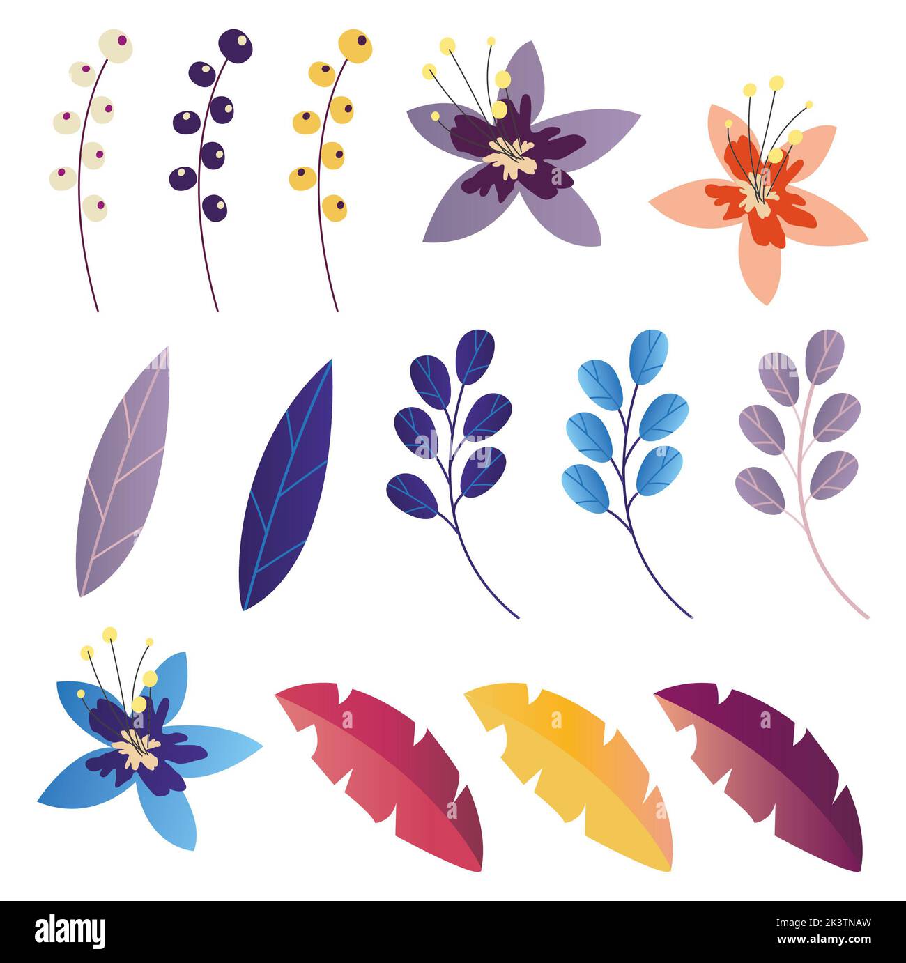 Set of tropical leaves and flowers isolated on white background. Vector ...