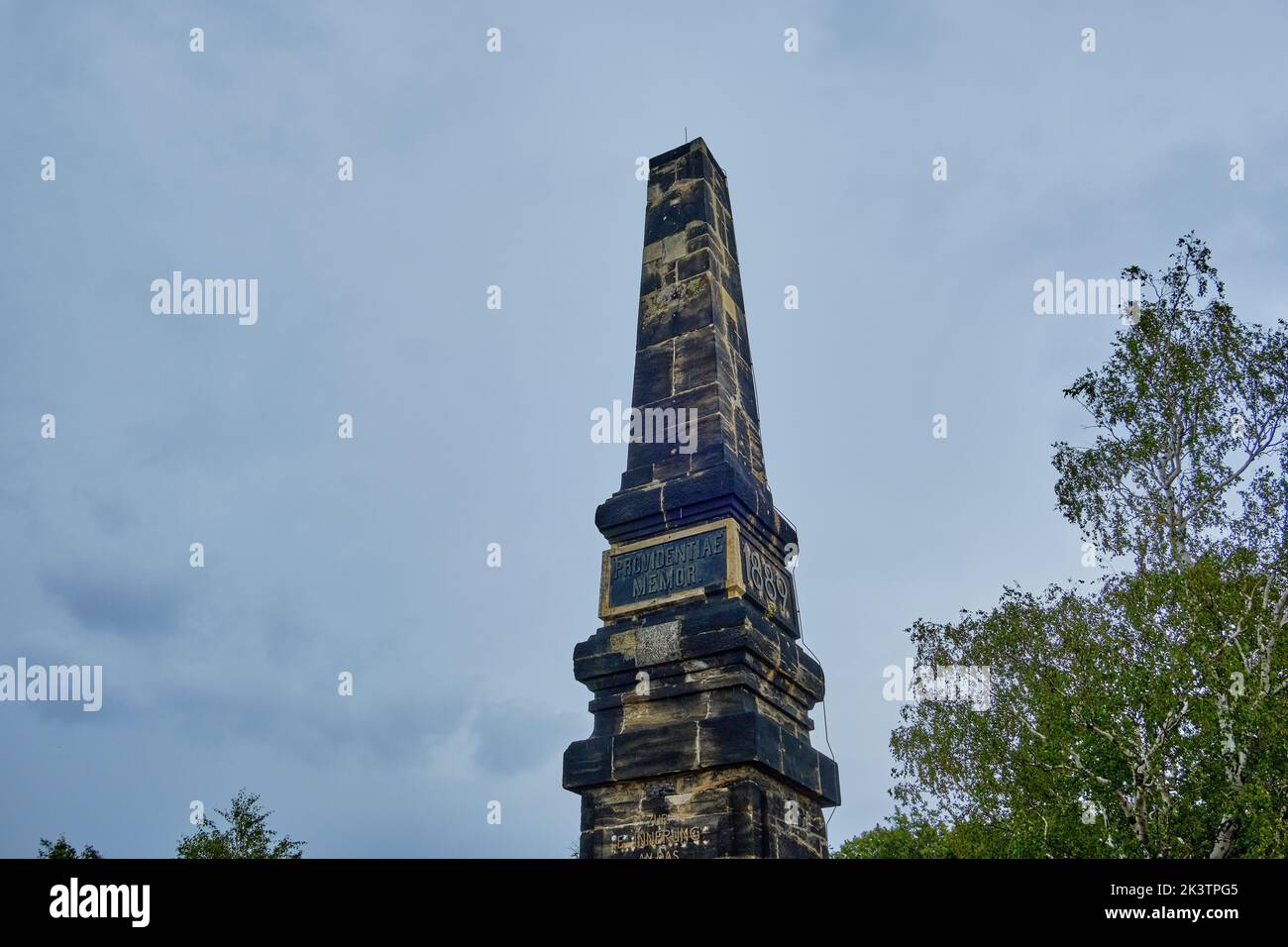 So-called Wettin Obelisk on Lilienstein mountain to celebrate the 800th anniversary of the House of Wettin in 1889, Saxon Switzerland Germany. Stock Photo