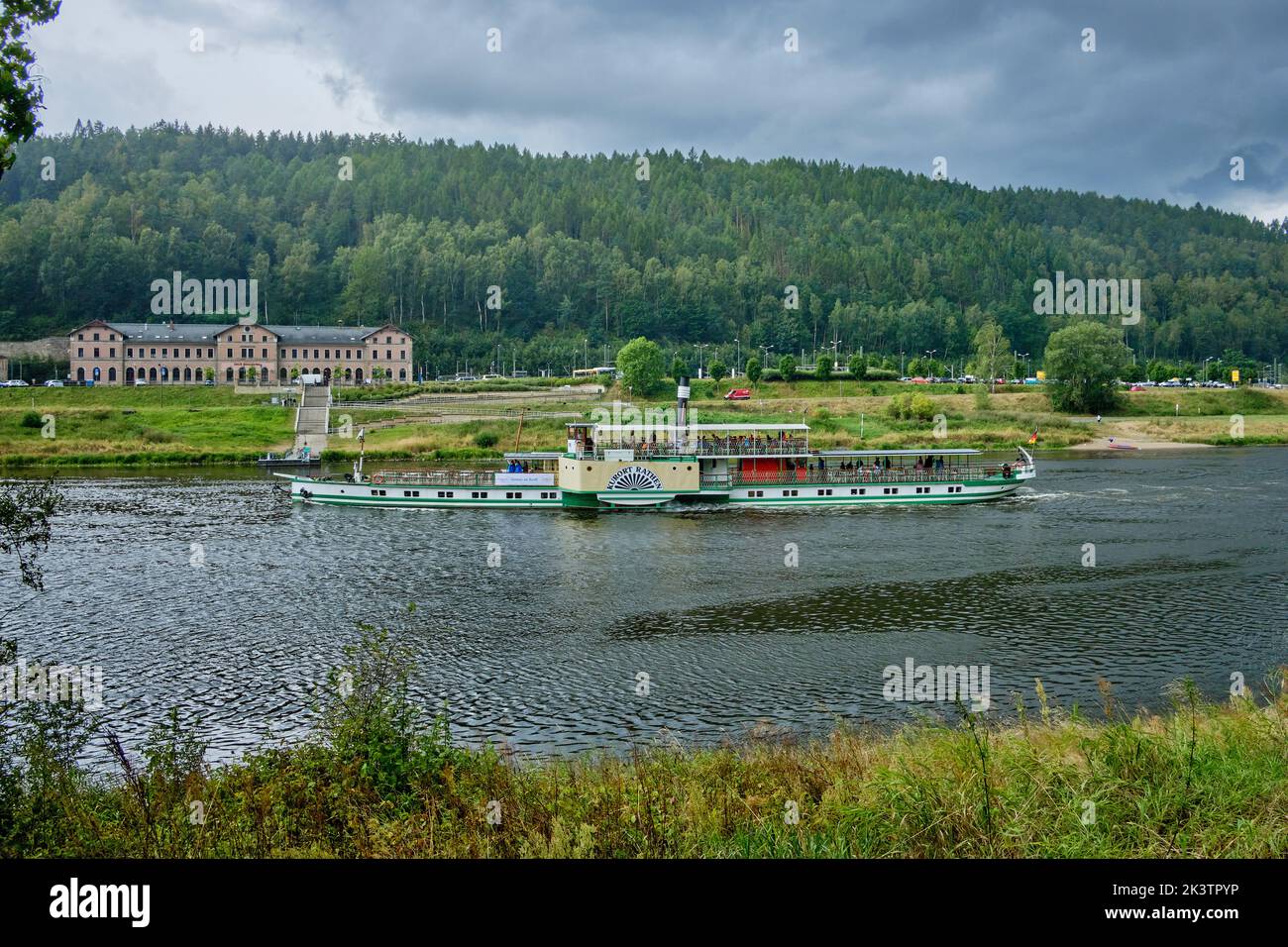 The steamer Kurort Rathen on the Elbe river in a thunderstorm atmosphere, at the height of Prossen, Bad Schandau, Saxon Switzerland, Saxony, Germany. Stock Photo