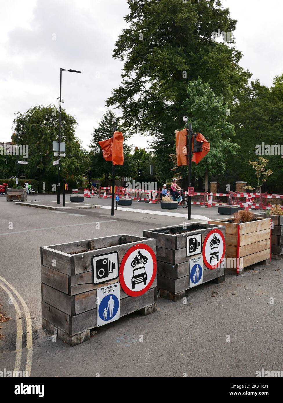 Dulwich streetspace project. Permeable road closures allowing pedestrians and cyclists to pass creating a low traffic neighbourhood. Stock Photo