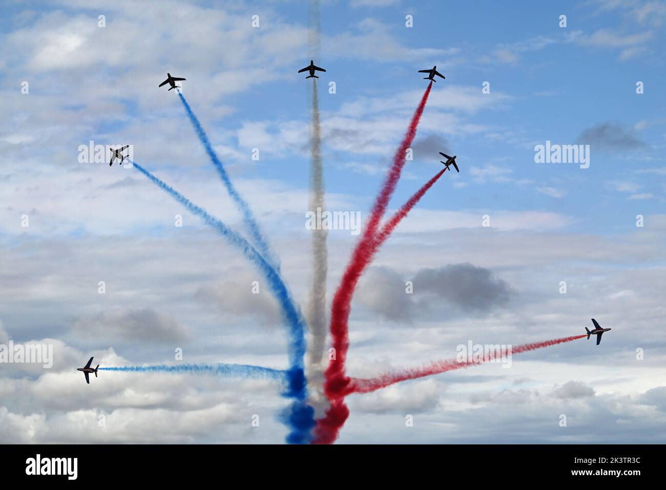 The french national jet team ''La patrouille de France'' gave a show on the former Francasal air base, near Toulouse. Stock Photo
