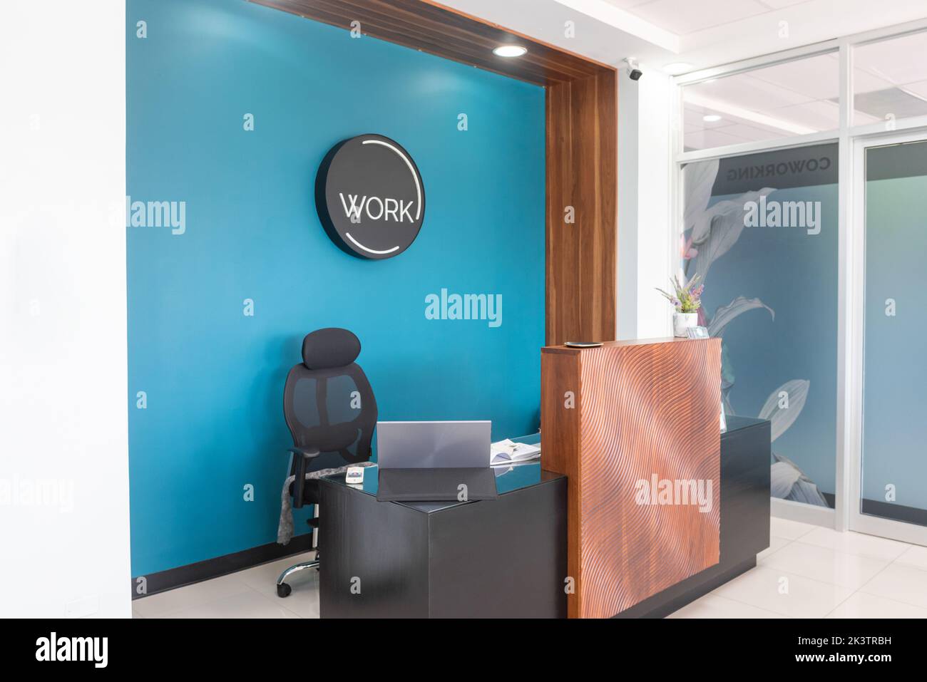 Comfortable chair at reception desk with laptop and documents in modern office space with blue wall Stock Photo