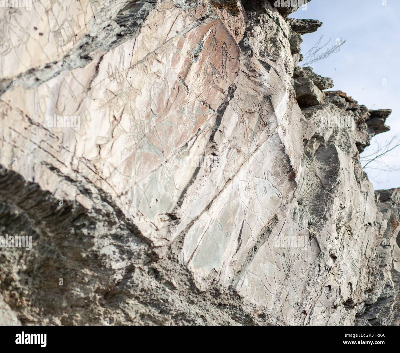 Old rock carvings of an ancient man on rocks in Siberia. The drawings ...