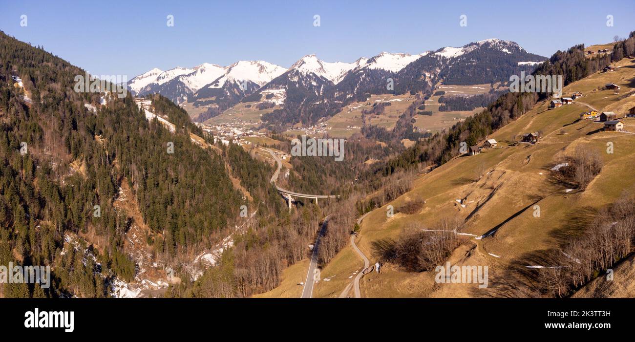 Aerial top view over the valley Grosses Walsertal Stock Photo