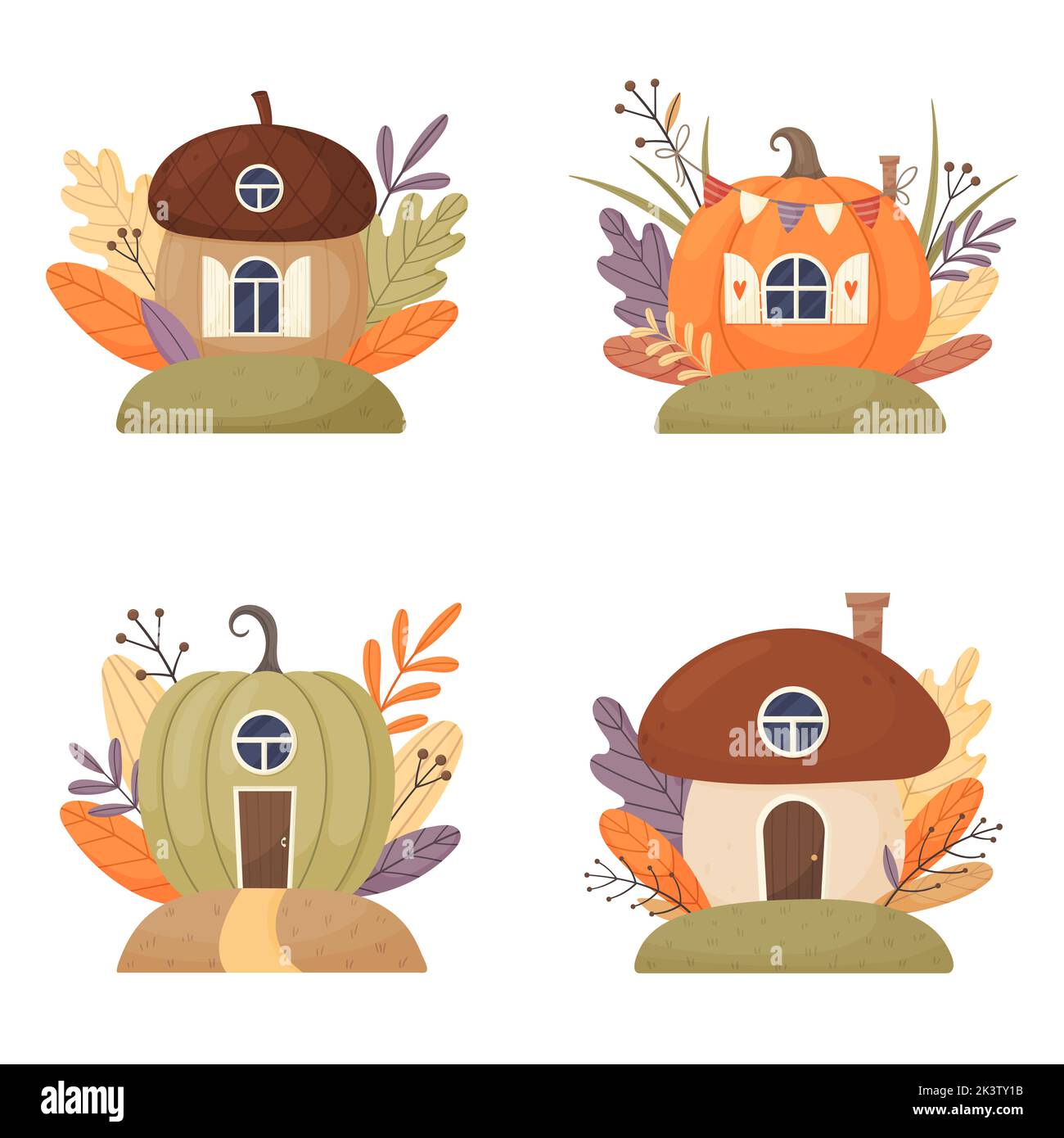 Cartoon fantasy houses for fairies, elves, gnomes. Mushroom, pumpkin and acorn cute fairy houses in vector set isolated on white background. Stock Photo