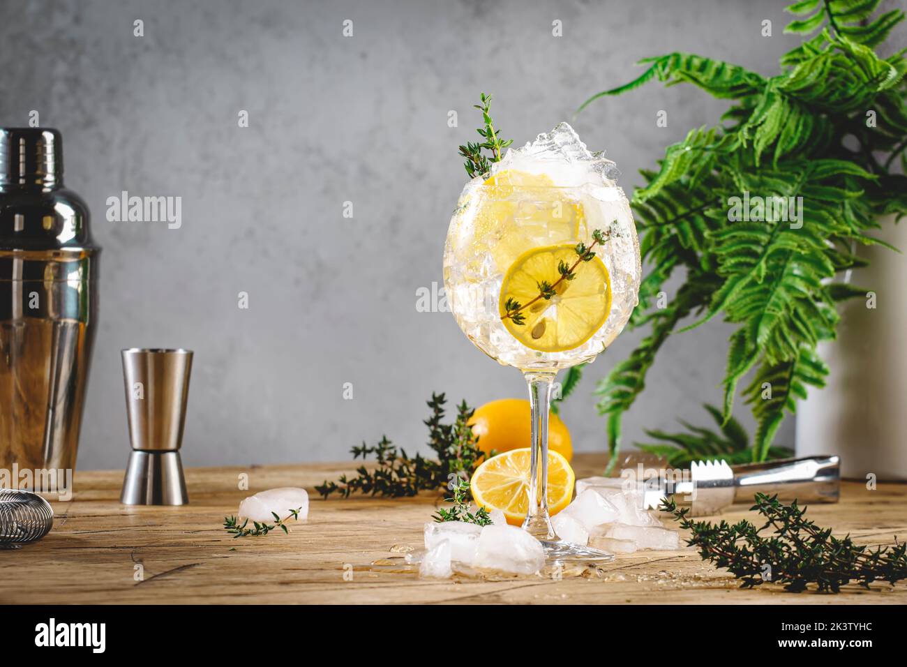 Gin tonic lemon cocktail drink with dry gin, bitter tonic, juice, thyme