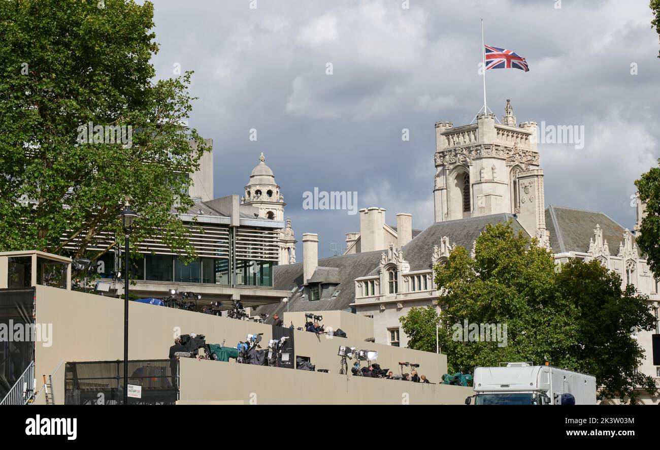 Media stand facing Westminster Abbey in preparation for funeral of