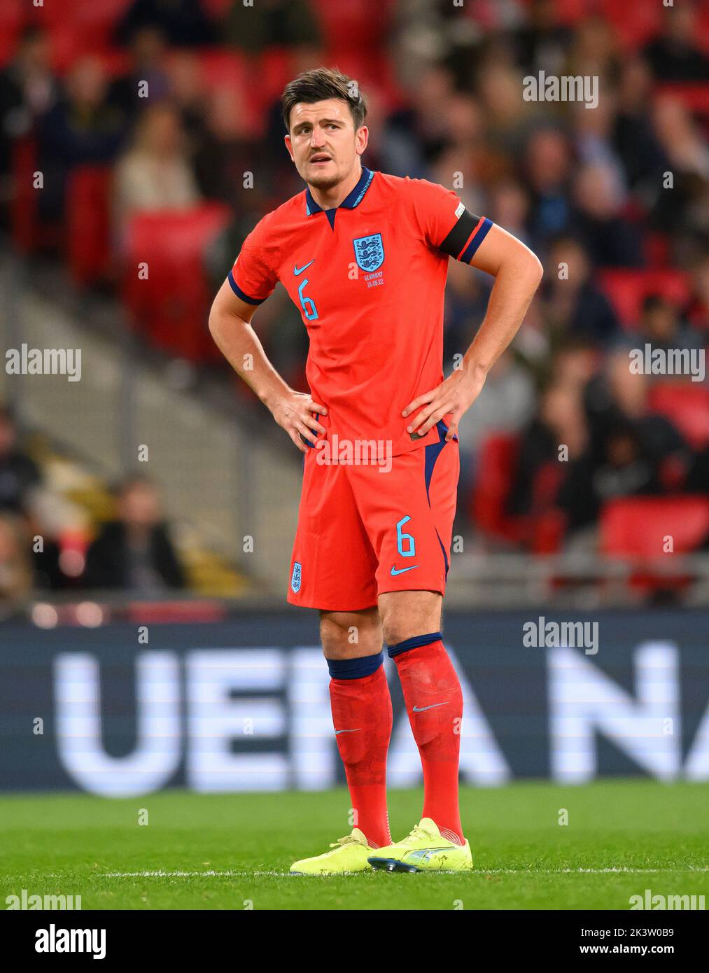 England's Harry Maguire looks dejected after conceding a penalty during the UEFA Nations League match against Germany. Stock Photo
