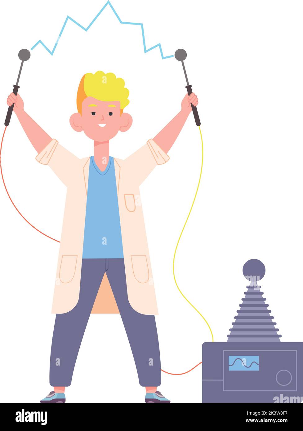 Boy making electric energy experiment. Scientist kid character isolated