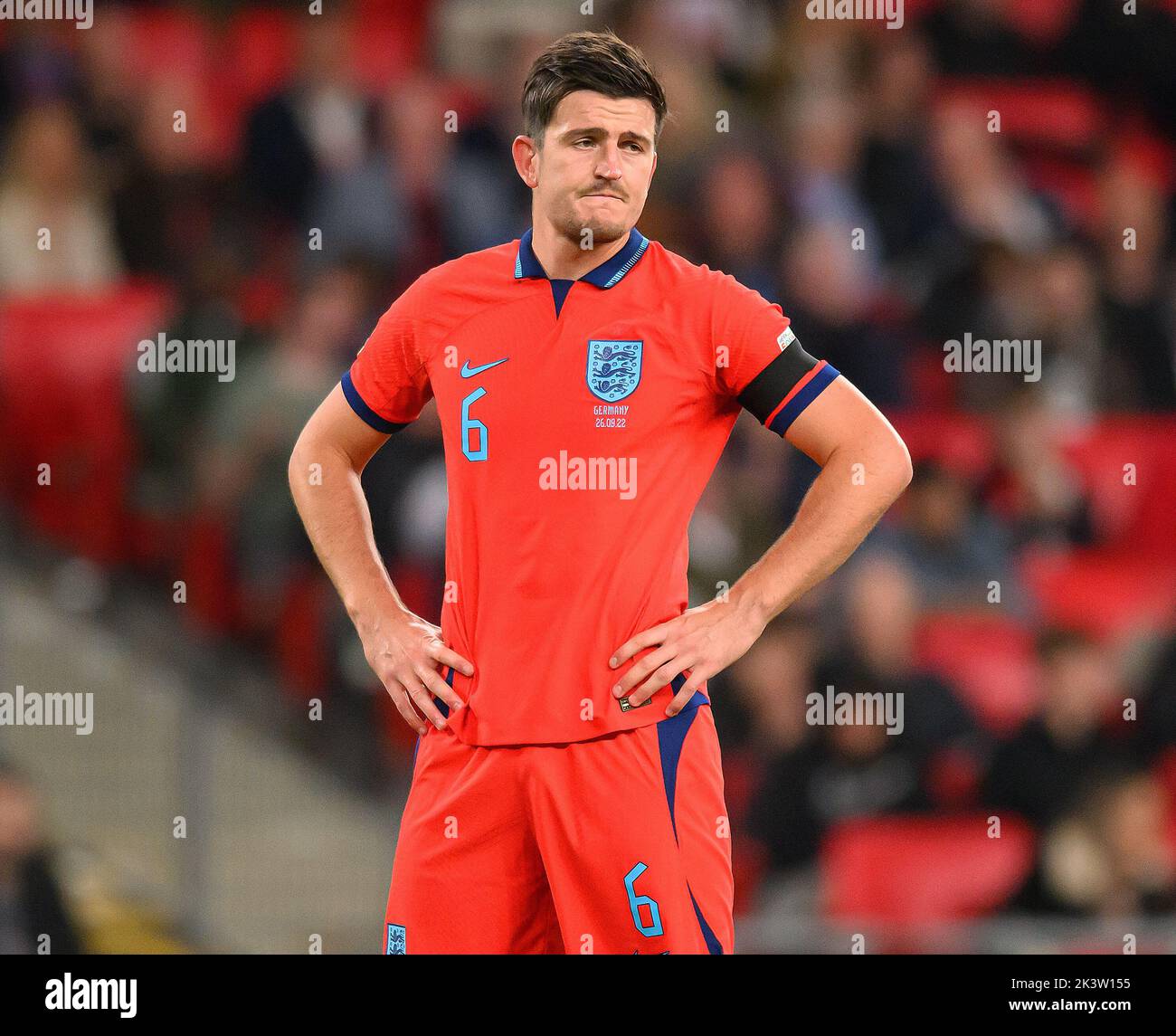 26 Sep 2022 - England v Germany - UEFA Nations League - League A - Group 3 - Wembley Stadium  England's Harry Maguire looks dejected after conceding a penalty during the UEFA Nations League match against Germany. Picture : Mark Pain / Alamy Live News Stock Photo