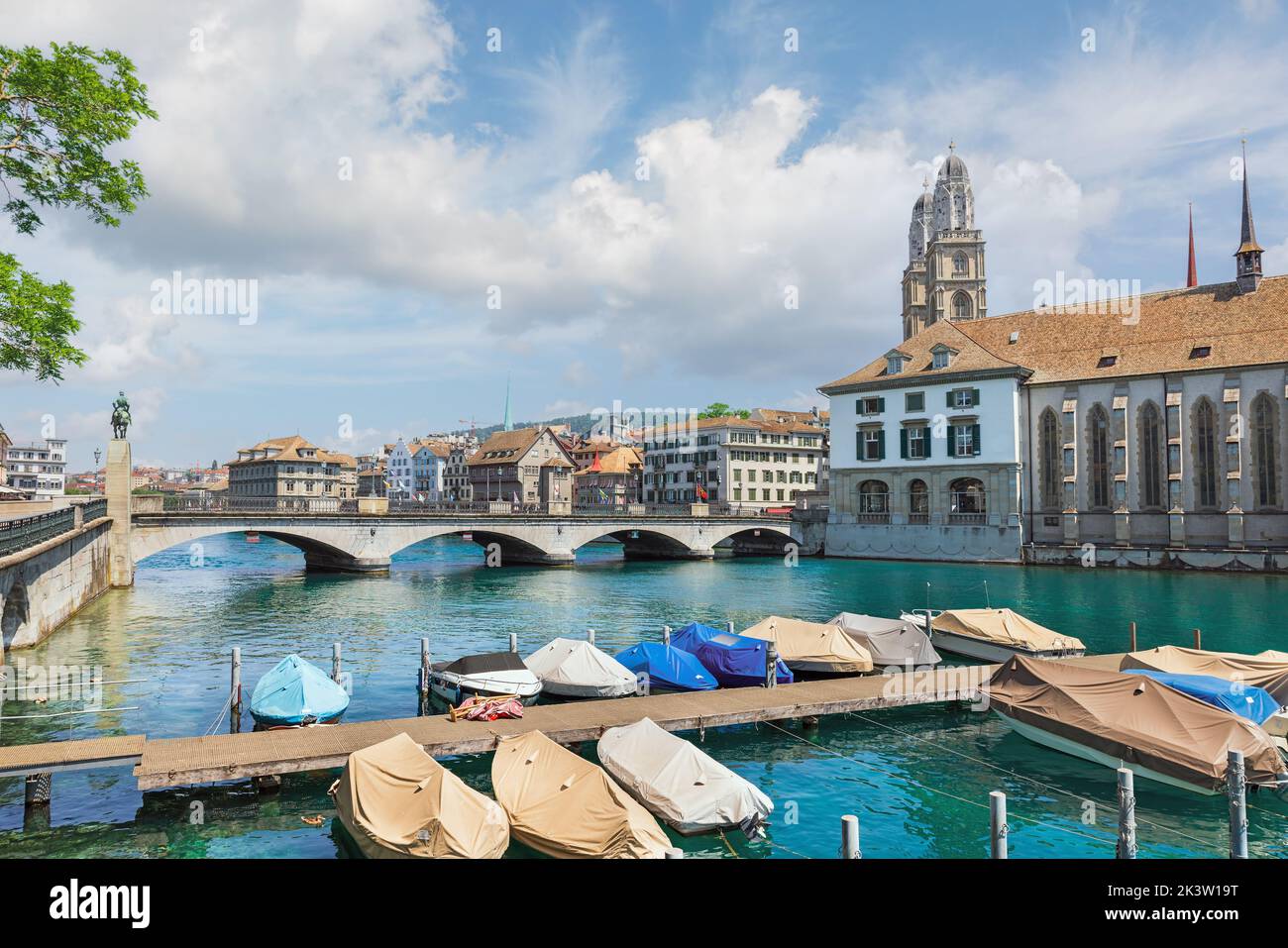 view of Zurich and Grossmünster in Switzerland Stock Photo