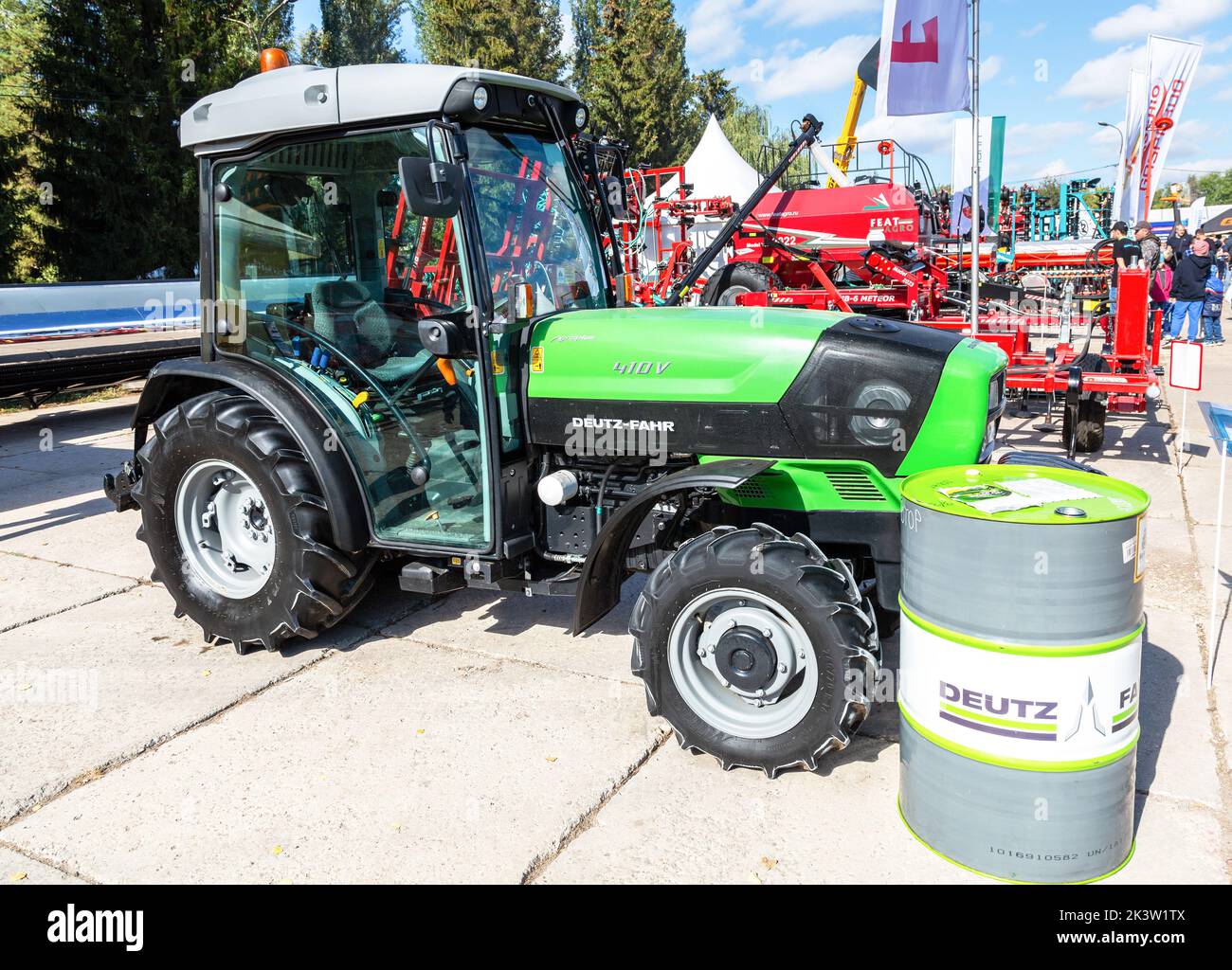 Samara, Russia - September 24, 2022: Agricultural wheeled tractor Deutz-Fahr Agroplus 410V at the annual Volga agro-industrial exhibition. Deutz-Fahr Stock Photo