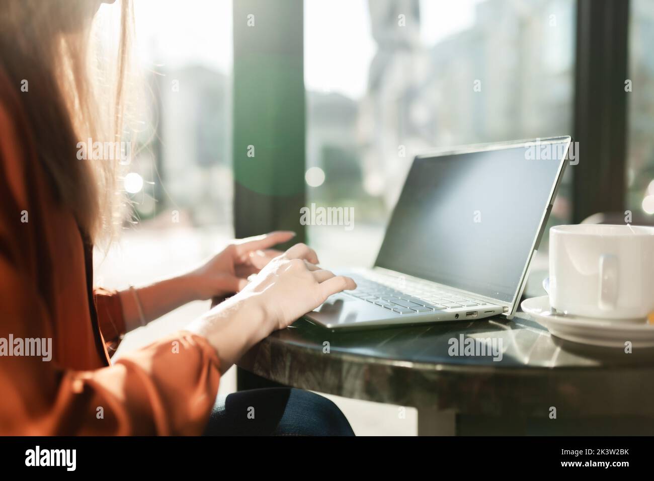 Young businesswoman in a cafe bar or restaurant with bright sunlight. Freelancer girl working on laptop and having tea at a window table. Abstract pho Stock Photo