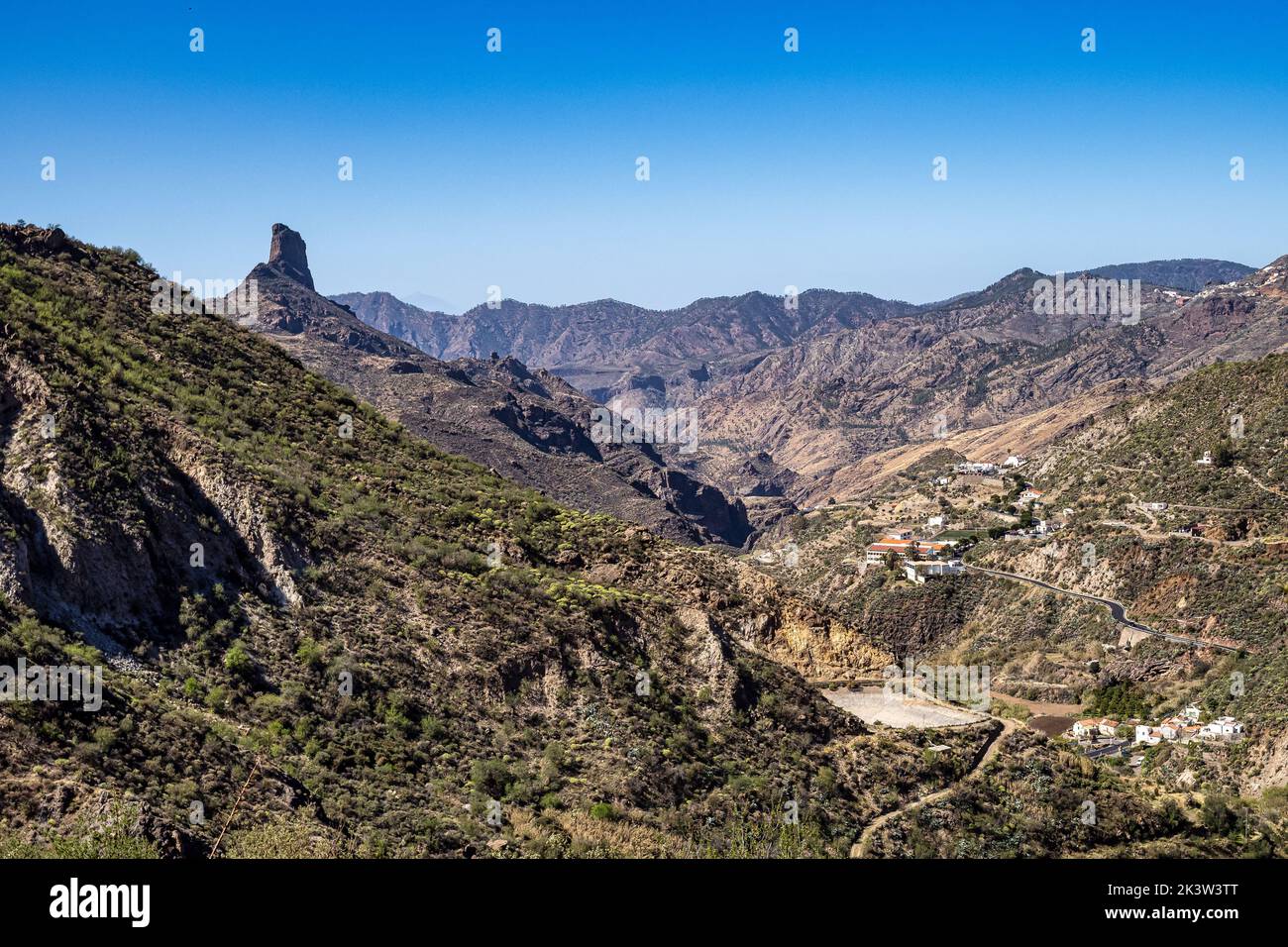 Valley of Tejeda at Gran Canaria, Spain. Montains of the central part of the island, hiking along the Barranco de Tejeda, rock formation Roque Bentayg Stock Photo