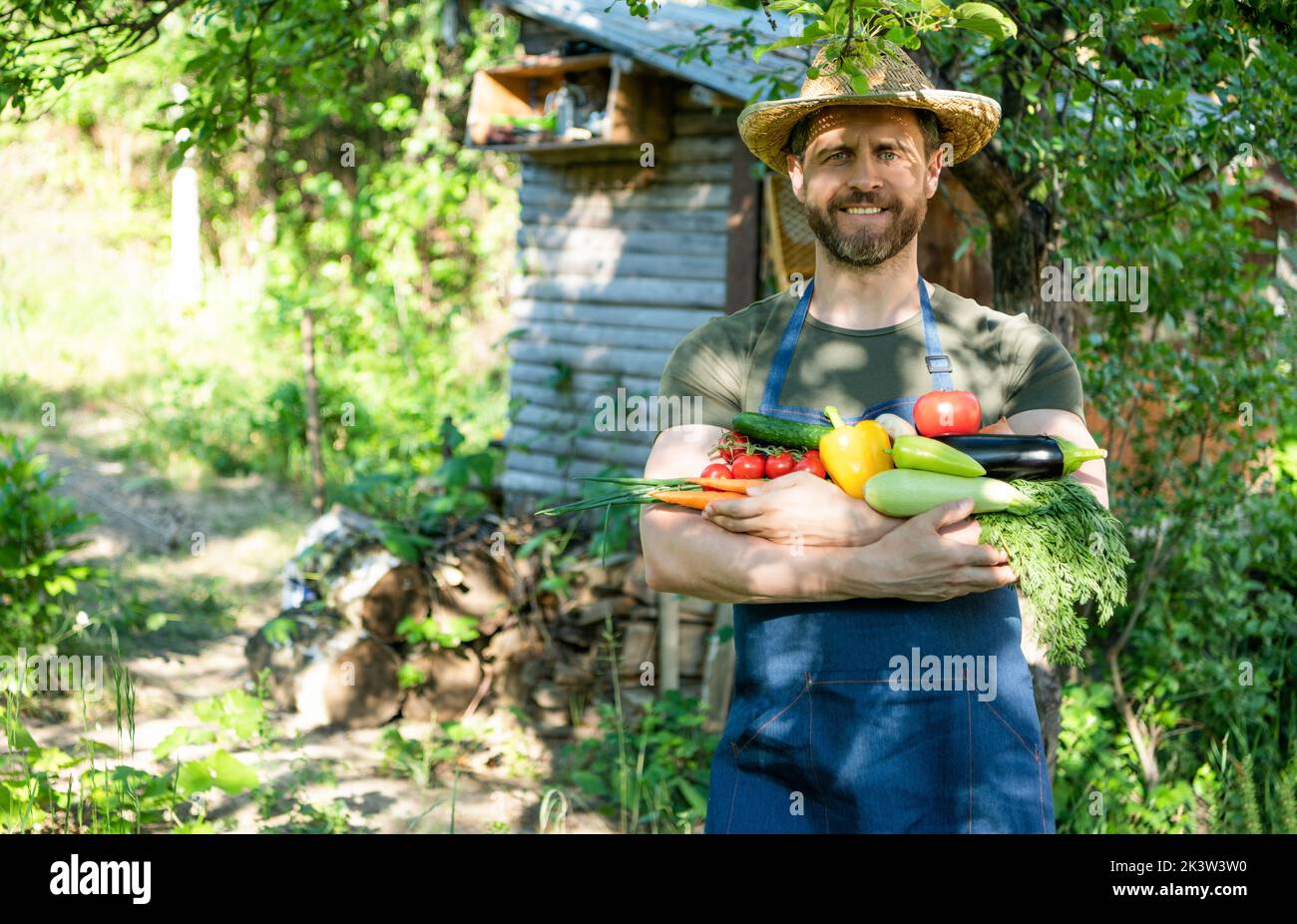 man in straw hat hold fresh ripe vegetables. crop Stock Photo - Alamy