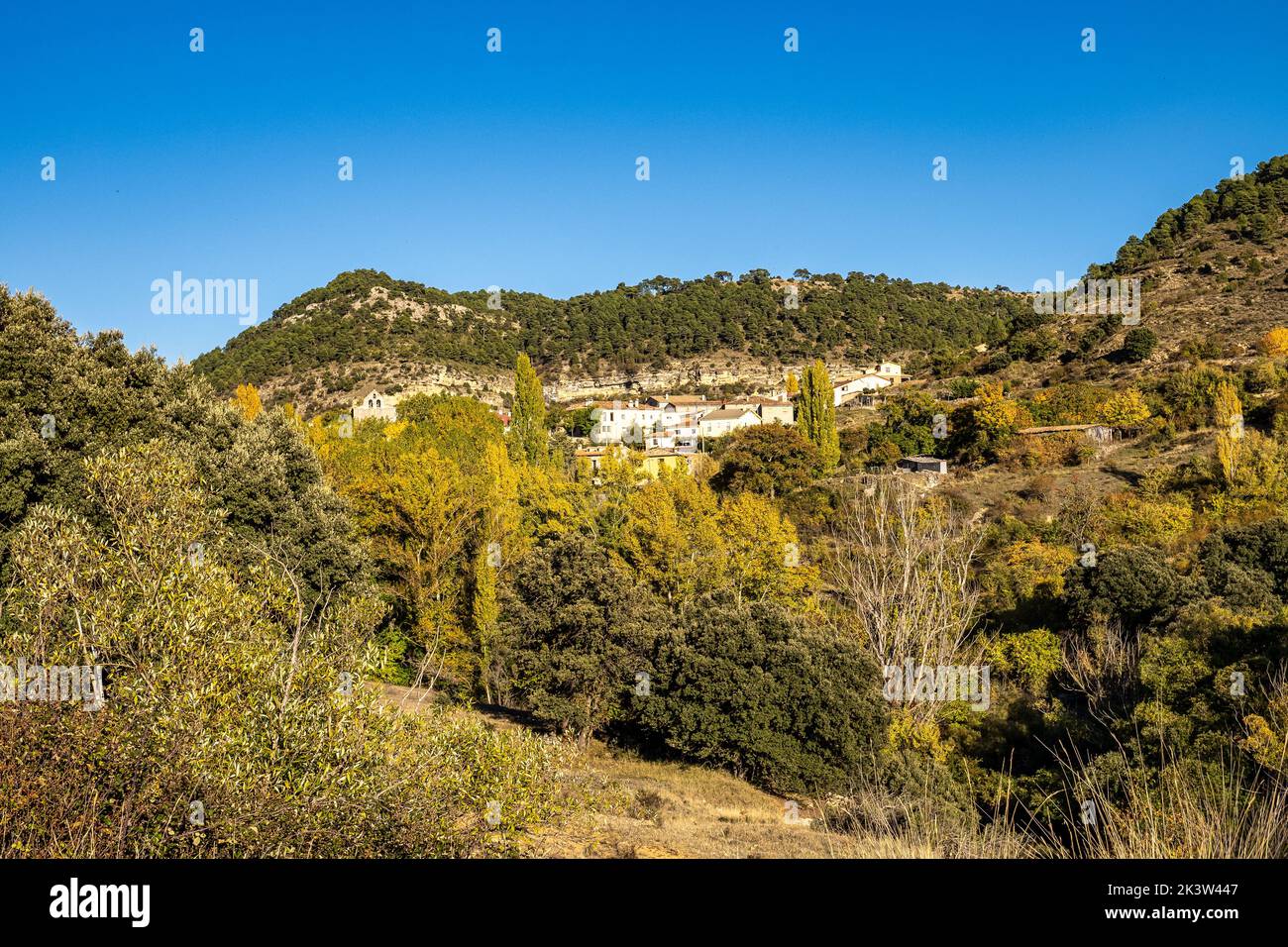 Mountain landscapes at the village Valdecabras, Serrania de Cuenca, Spain, with surprising rock shapes, which give it a magical and mysterious touch. Stock Photo