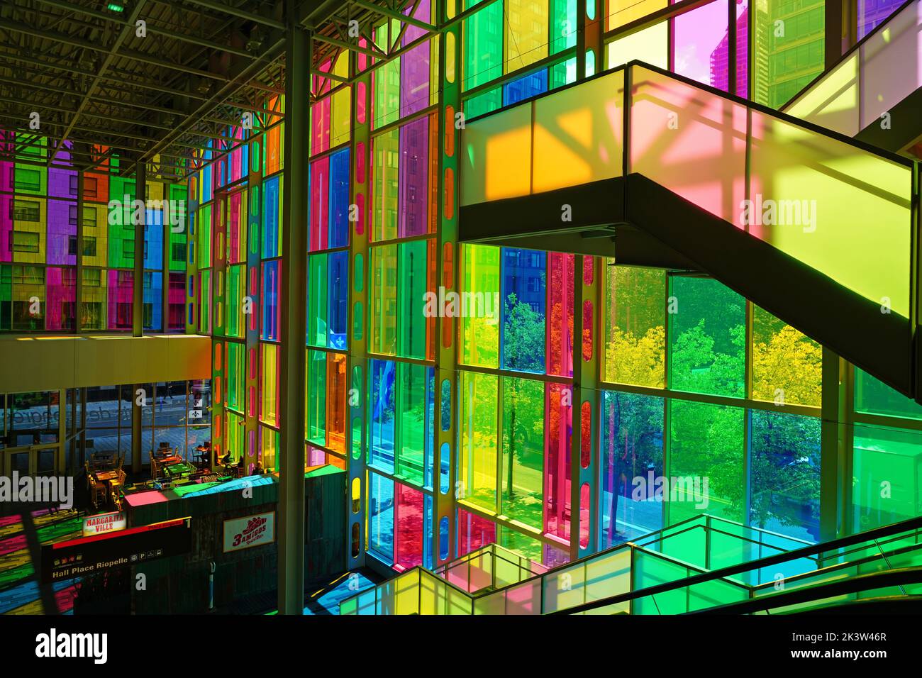 MONTREAL, CANADA -14 SEP 2022- View of colorful glass panes on the Palais des Congres convention and exhibition center in Montreal, Canada. Stock Photo
