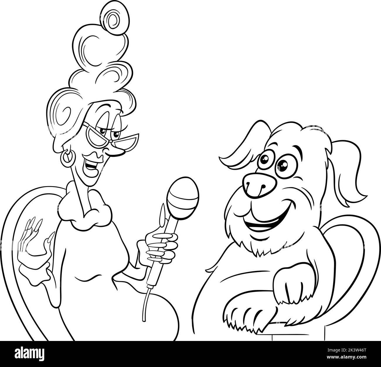 Black and white cartoon illustration of the dog giving an interview to a journalist coloring page Stock Vector