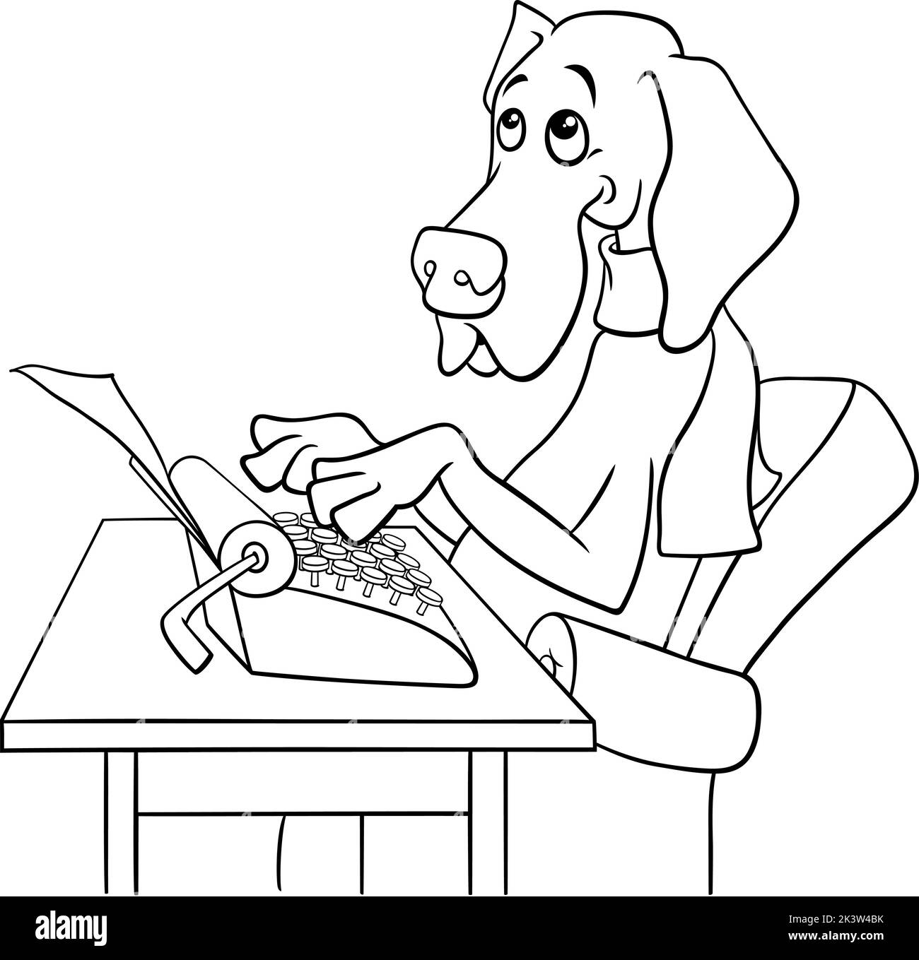 Black and white cartoon illustration of the writer or poet dog with typewriter coloring page Stock Vector