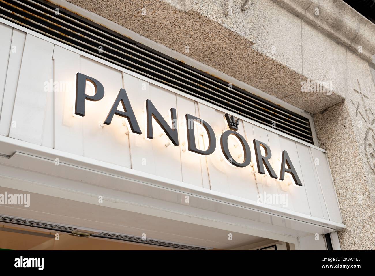 Coruna, Spain; september 23, 2022: Pandora sign on facade store Stock Photo