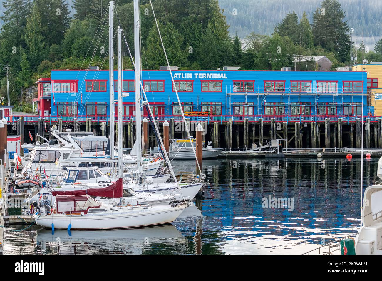 Boats at the dock in front of the Atlin Terminal at the harbour of Prince Rupert, British Columbia, Canada. Stock Photo