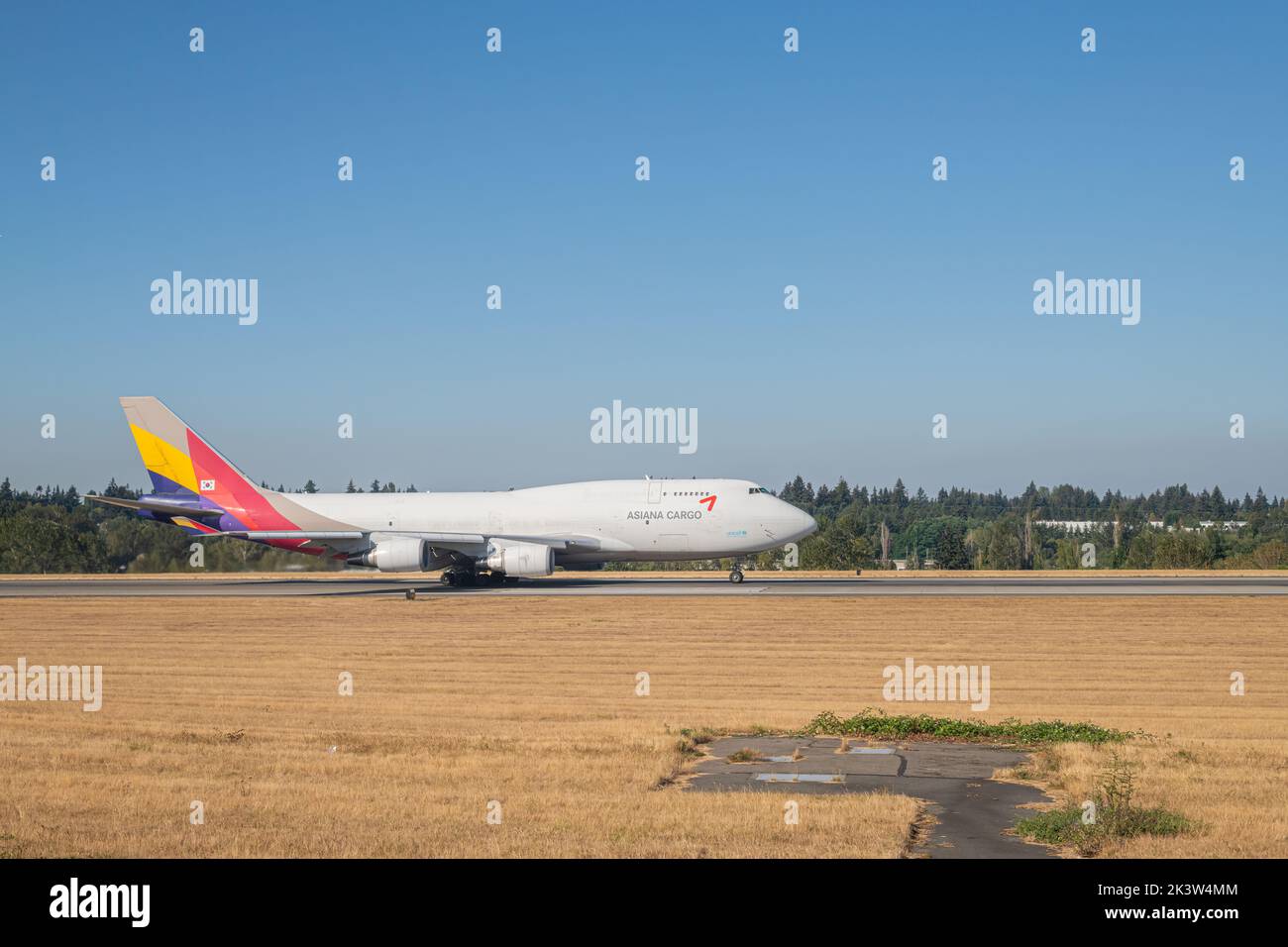 An Asiana Cargo Jet takes off from Seattle–Tacoma International Airport (SEA) in Seattle, Washington, USA. Stock Photo