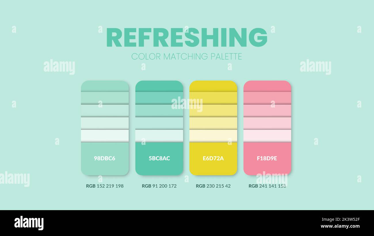 Refreshing color guide book cards samples. Color theme palettes or color schemes collection. Colour combinations in RGB or HEX. Set of trend color swa Stock Vector