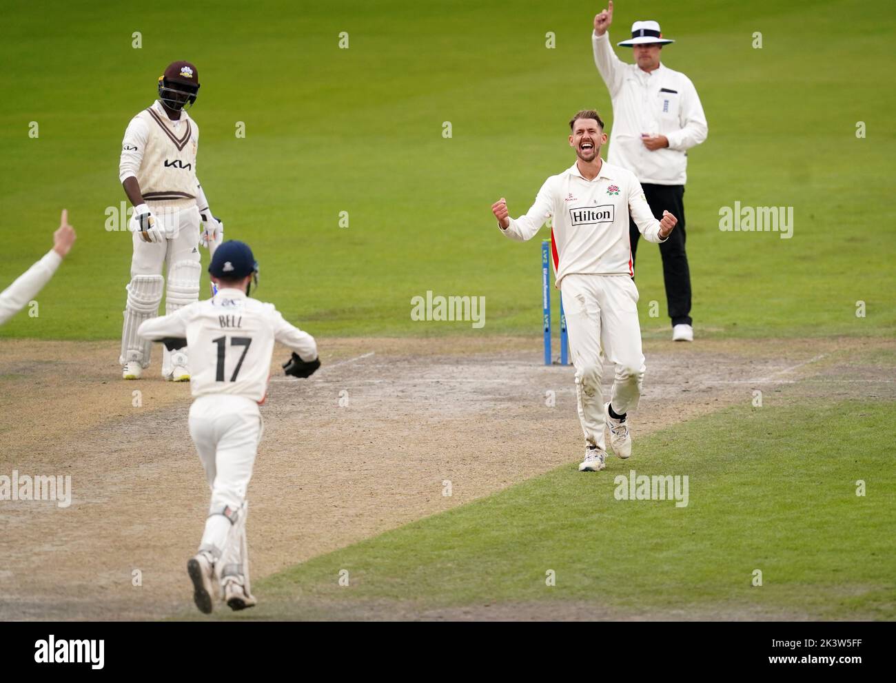 Lancashire's Tom Bailey celebrates the wicket of Surrey's Jordan Clarke during day three of the LV= Insurance County Championship, Division one match at Emirates Old Trafford, Manchester. Picture date: Wednesday September 28, 2022. Stock Photo