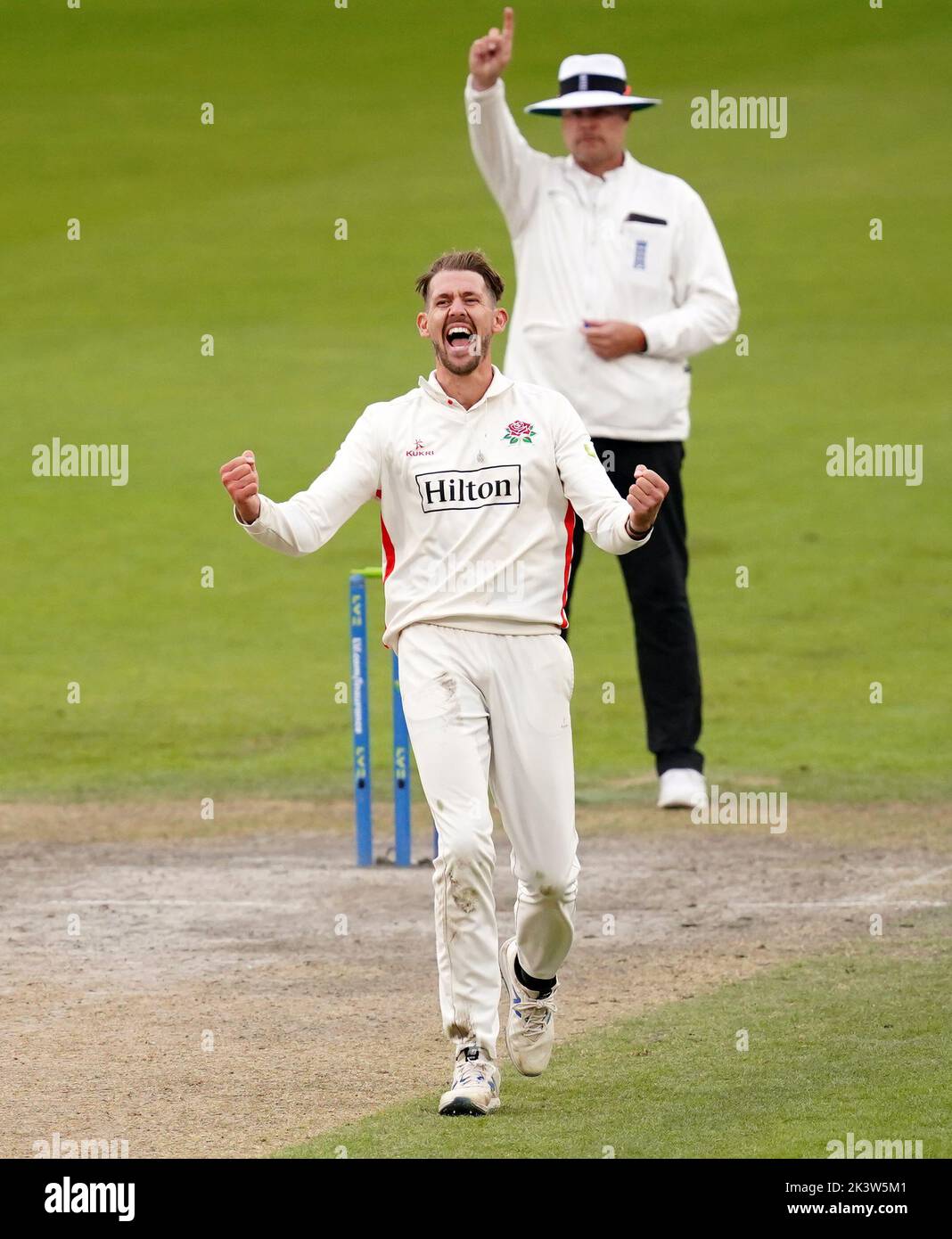 Lancashire's Tom Bailey celebrates the wicket of Surrey's Jordan Clarke during day three of the LV= Insurance County Championship, Division one match at Emirates Old Trafford, Manchester. Picture date: Wednesday September 28, 2022. Stock Photo