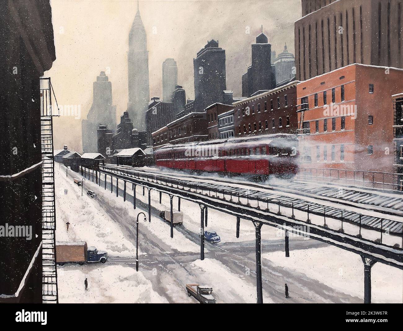 The Third Avenue El train travels towards downtown Manhattan on a snowy winter day in this vintage scene. Stock Photo