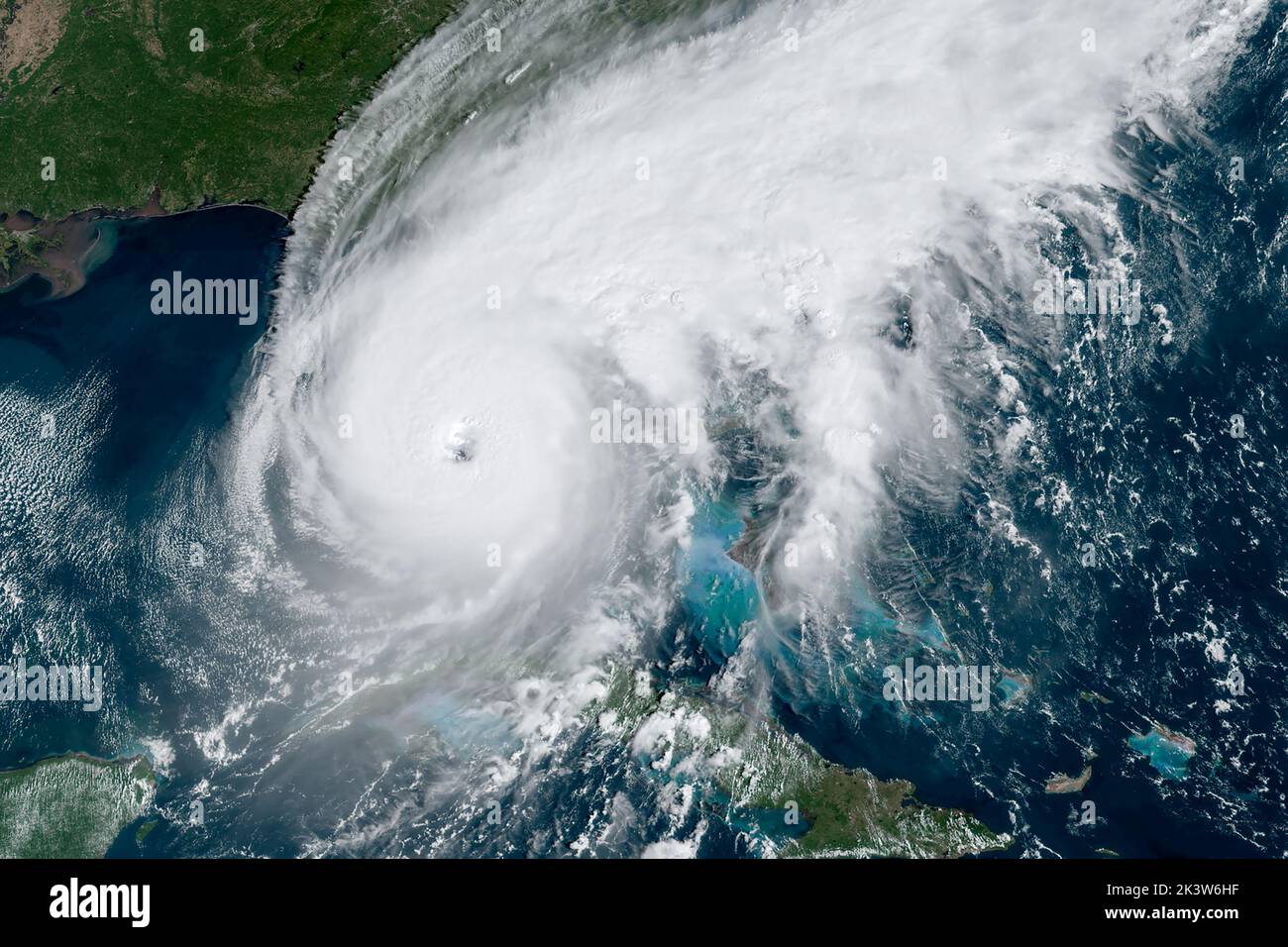 Hurricane Ian in the Gulf of Mexico Wednesday morning, September 28, 2022, just prior to landfall on the Southwest Florida Coast over Sanibel and Captiva Islands with 155 mph winds, just 2 mph under a Category 5 designation. (USA) Stock Photo