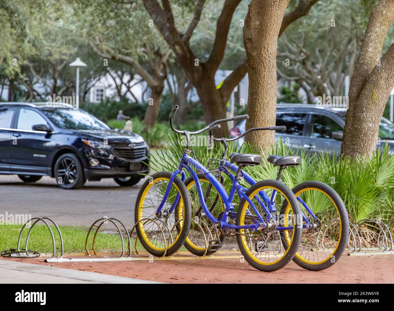 pair of purple bikes in a bike rack at Rosemary Beach Stock Photo