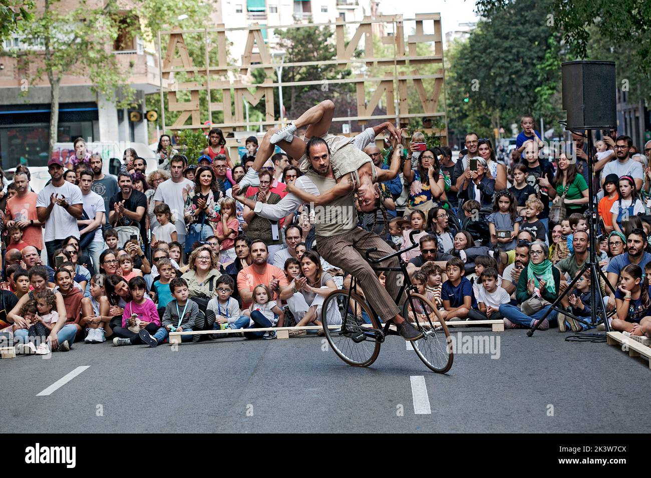 Bicycle acrobatic act, La Mercè, Barcelona, Spain. Stock Photo