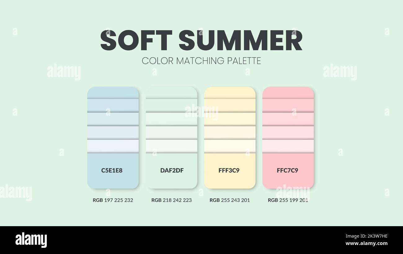 Soft summer color guide book cards samples. Color theme palettes or color schemes collection. Colour combinations in RGB or HEX. Set of trend color sw Stock Vector