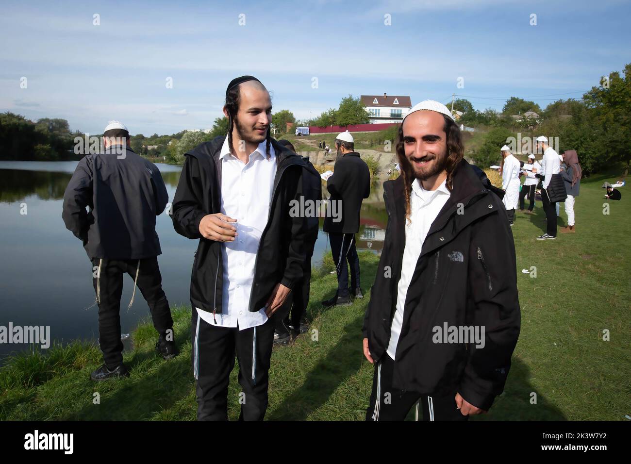 Ultra-Orthodox Jewish pilgrims are seen during the celebration. Every year, thousands of Orthodox Bratslav Hasidic Jews from different countries gather in Uman to mark Rosh Hashanah, Jewish New Year, near the tomb of Rabbi Nachman, a great-grandson of the founder of Hasidism. Stock Photo