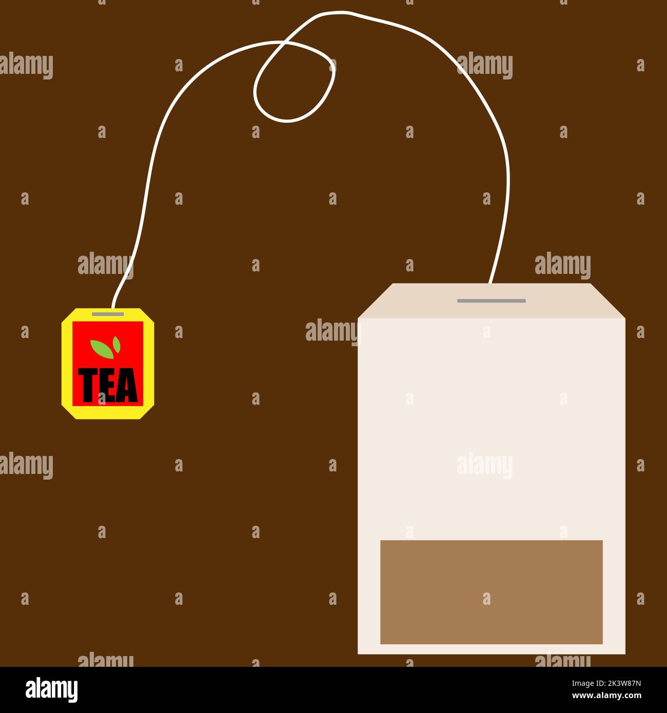 Tea bag with a yellow label and green tea leaves on the label , brown