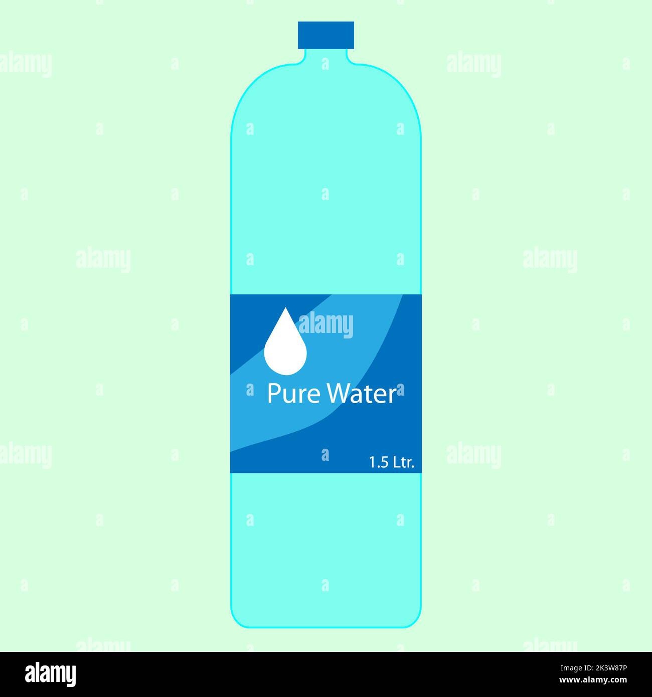 A plastic bottle of Water, 1.5 ltr. size with a blue cap, blue and
