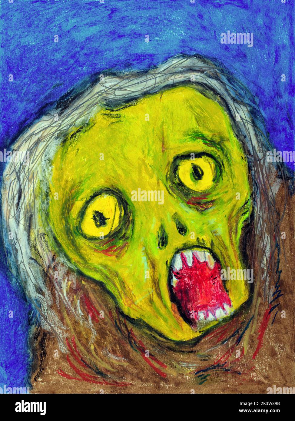 A face of a scary ghoul ghost screaming and terrifying. Halloween October holiday concept. Illustration art, oil pastel drawing with dark blue backgro Stock Photo