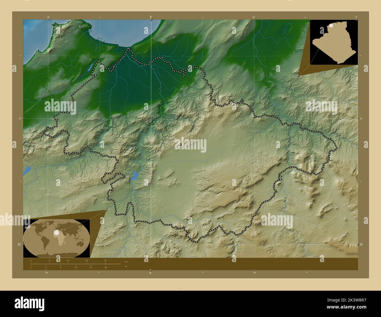 Mascara, province of Algeria. Colored elevation map with lakes and