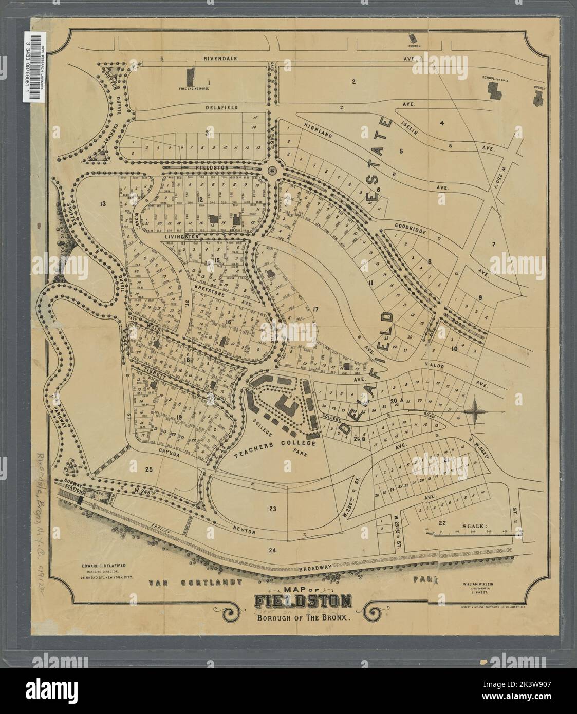 Map of Fieldston, Borough of the Bronx. Delafield Estate, Riverdaleon